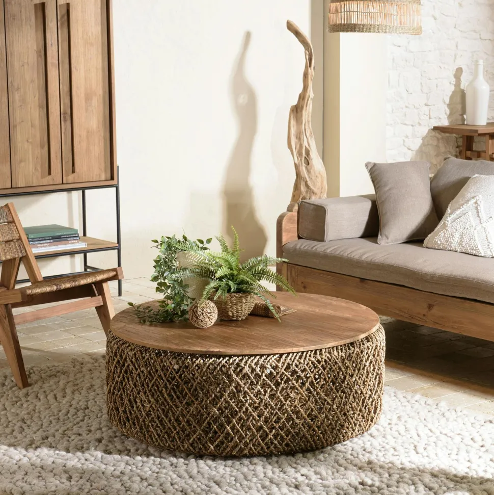 Table basse ronde 83 cm fibre tressée et bois SWING