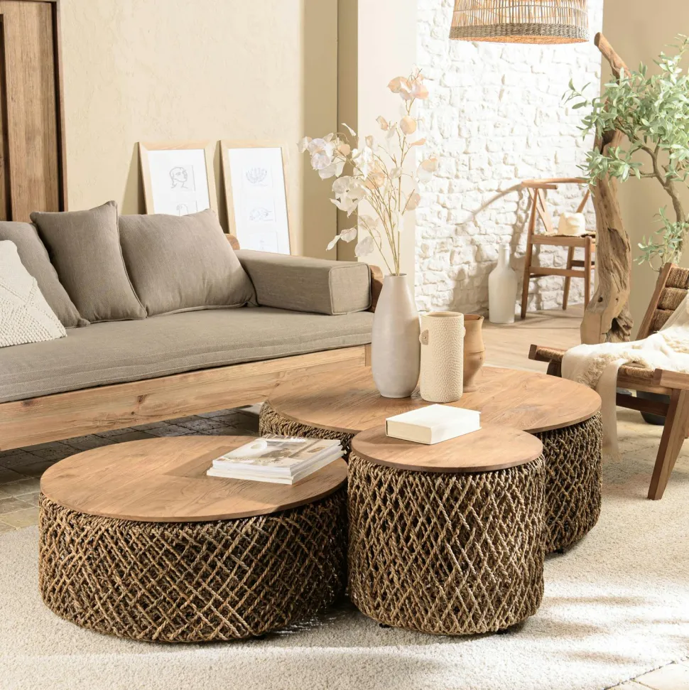 Table basse ronde de jardin bambou et béton 80 cm HERCULE