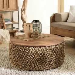 Table basse ronde de jardin bambou et béton 80 cm HERCULE