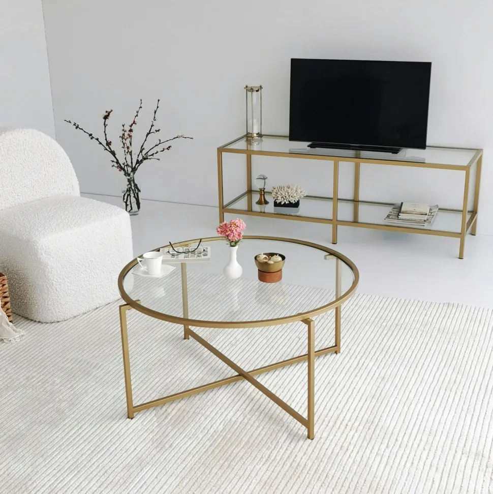 Table basse ronde design - verre & métal noir TULUM