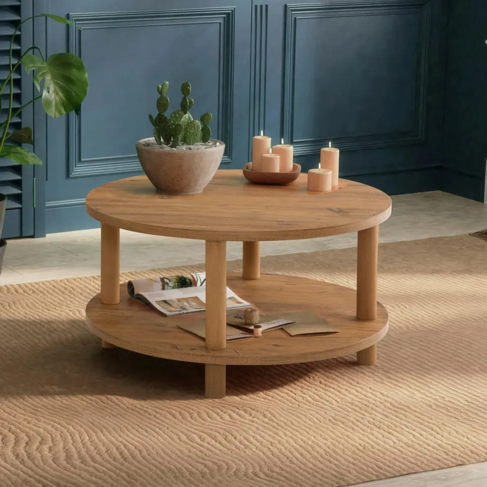Table basse ronde double plateau effet pin détail noir MARFA