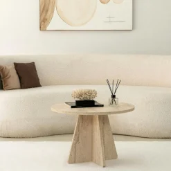 Table basse ronde effet bois clair & pieds trapèze MARFA
