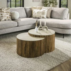 Table basse ronde en bois de manguier et céramique (lot de 2) ASCOLI