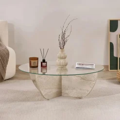 Table basse ronde en verre pied croisé effet bois SALTA