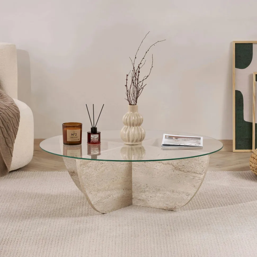 Table basse ronde en verre pied croisé effet bois SALTA
