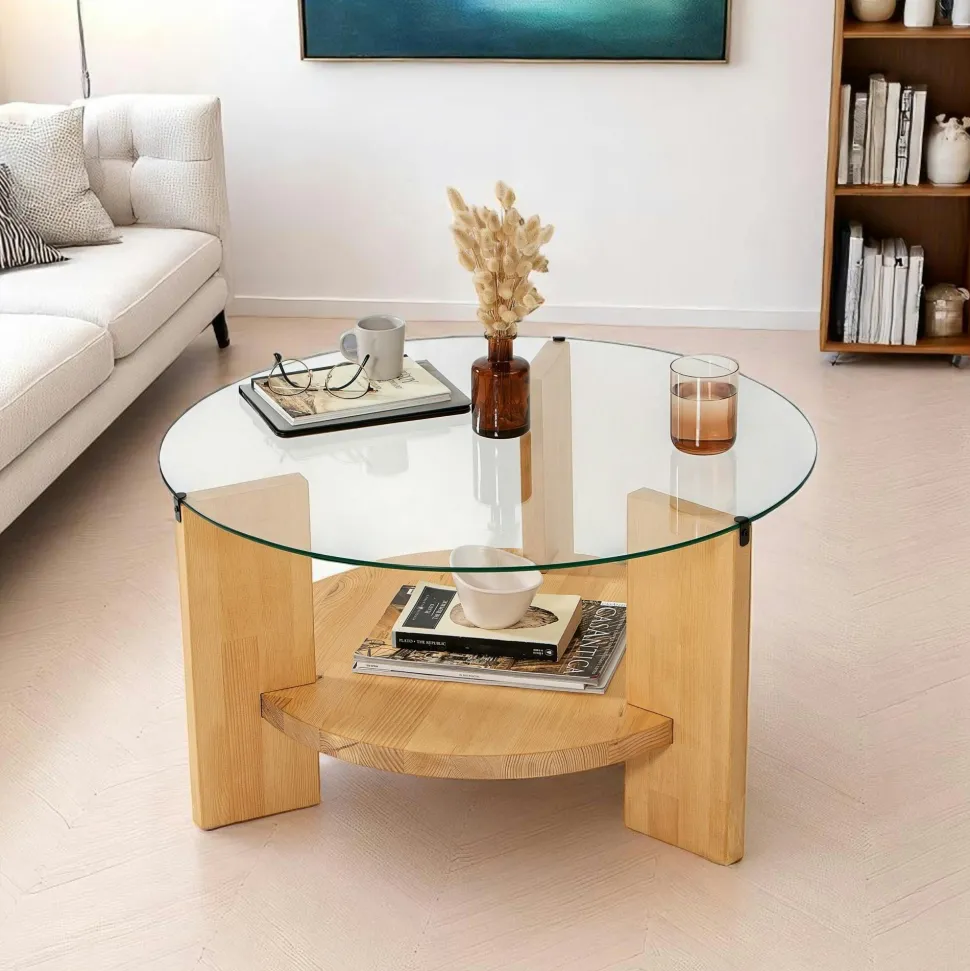 Table basse ronde en verre et bois clair - 2 plateaux ANZIO