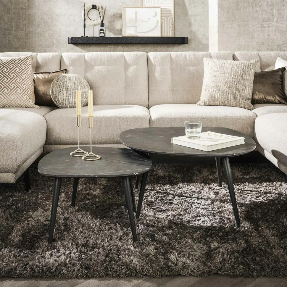 Table basse ronde forme organique plateau effet marbre noir (lot de 2) RALF