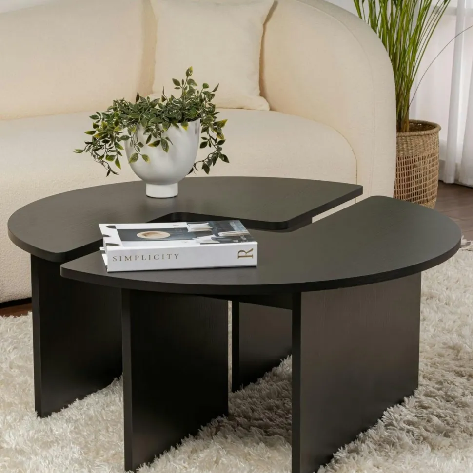 Table basse ronde noire effet bois - design puzzle MARFA
