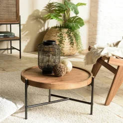Table basse ronde plateau teck recyclé avec rebord 76,5 cm SWING