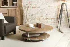 Table basse ronde teck recyclé structure filaire blanche 2 plateaux SWING
