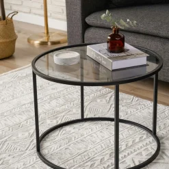 Table basse ronde verre ⌀60 cm - structure métal noir TULUM