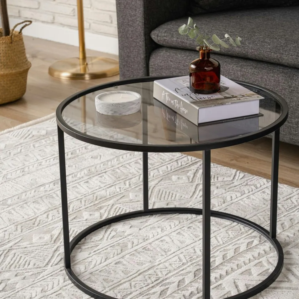 Table basse ronde verre ⌀60 cm - structure métal noir TULUM