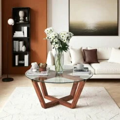 Table basse ronde verre et bois brun - pieds croisés ANZIO
