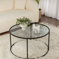 Table basse ronde verre fumé – cadre noir ⌀80 cm TULUM