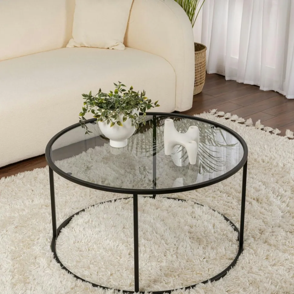 Table basse ronde verre fumé – cadre noir ⌀80 cm TULUM