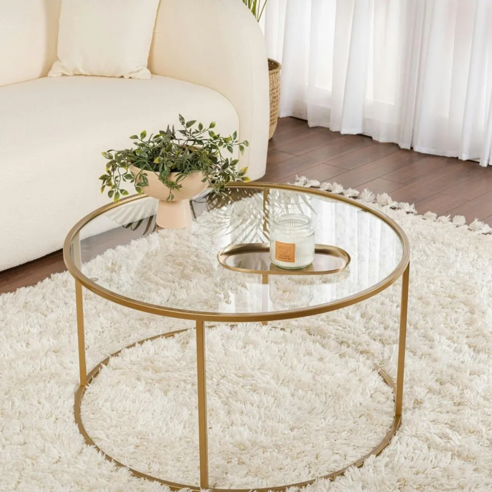 Table basse ronde verre fumé – cadre noir ⌀80 cm TULUM