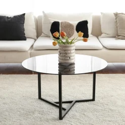Table basse ronde verre fumé, pied noir 3 branches TULUM