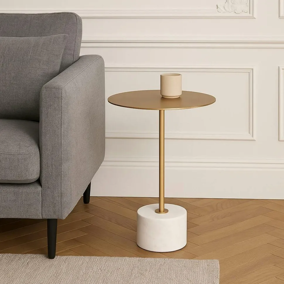 Table basse verre ambré design – 3 pieds boules marrons KOCHI