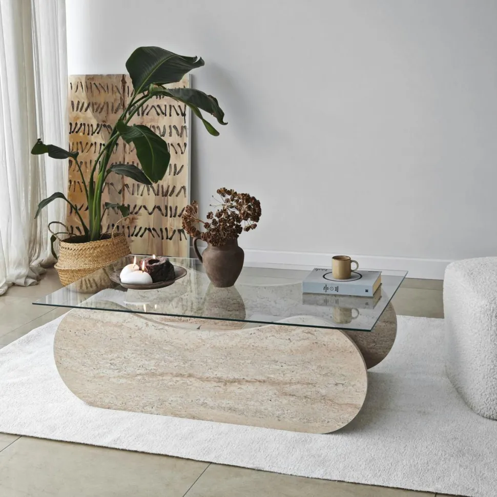 Table basse verre base luge effet travertin avec niche SALTA