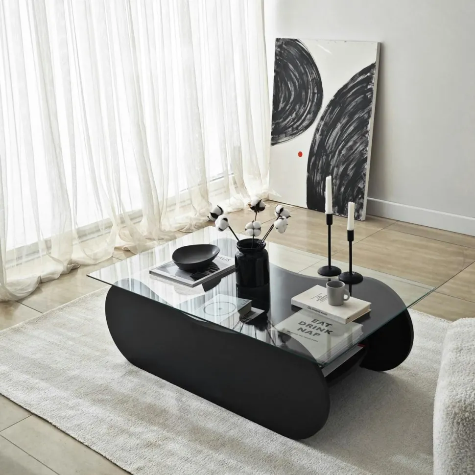 Table basse verre, base luge effet bois avec rangement SALTA