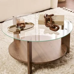 Table basse verre double plateau - effet bois de noyer SALTA