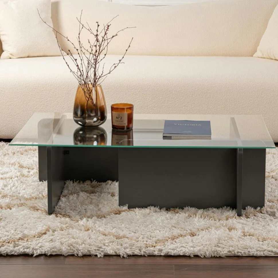 Table basse verre déstructurée – base effet chêne clair SALTA