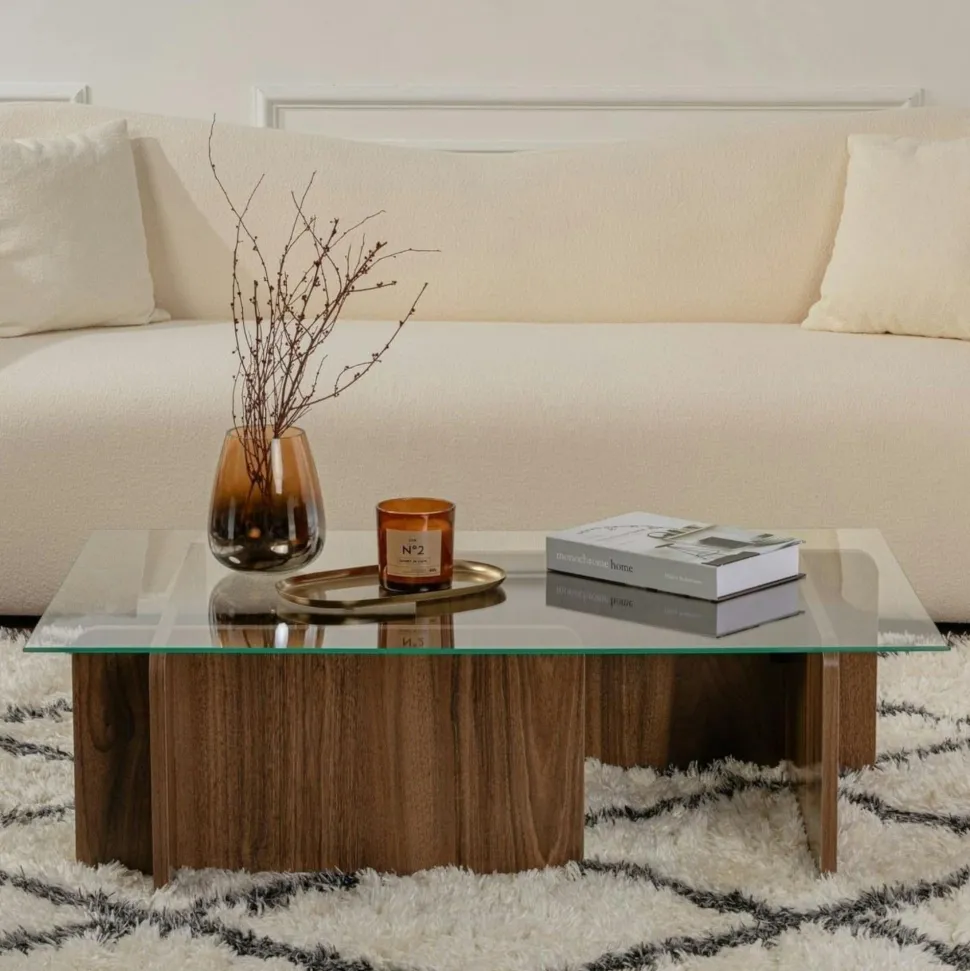 Table basse verre déstructurée – base effet bois noyer SALTA