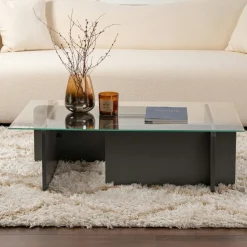 Table basse verre déstructurée – base effet travertin SALTA