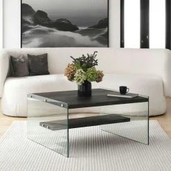 Table basse verre et bois - plateaux gris suspendus, LHASA