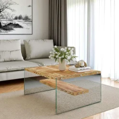 Table basse verre et bois - plateaux gris suspendus, LHASA