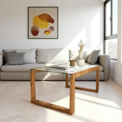 Table basse verre et bois brun - forme rectangle LHASA