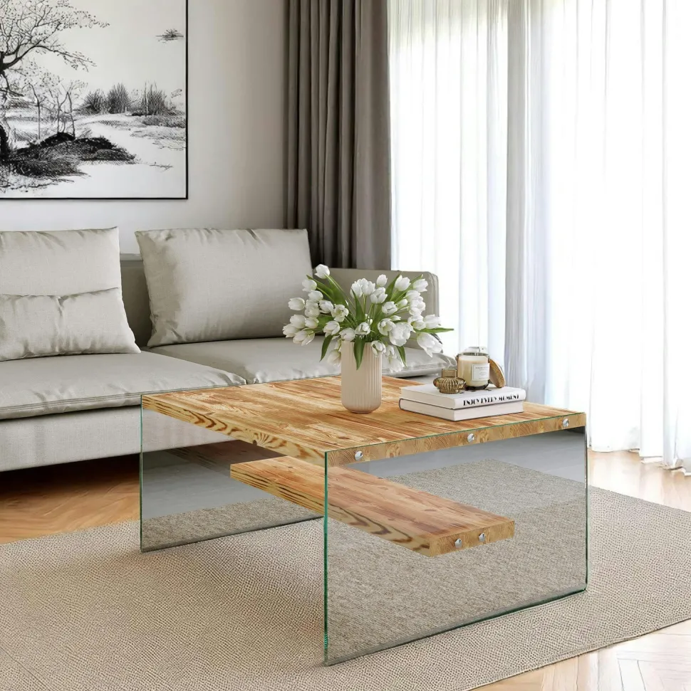 Table basse verre et bois - plateaux clairs suspendus LHASA