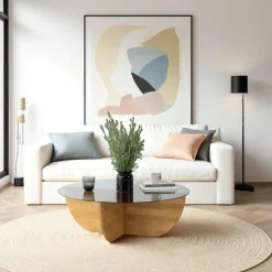 Table basse verre fumé – pied croix bois clair, 90 cm ANZIO