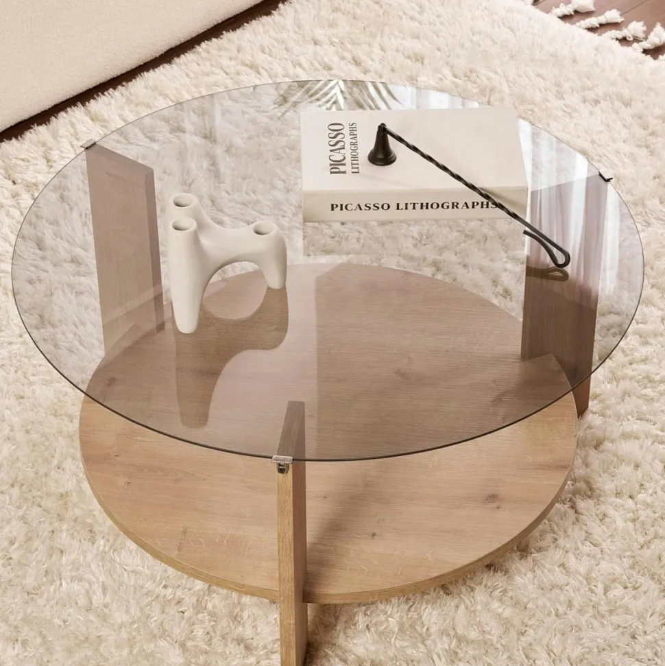 Table basse verre fumé double plateau - effet chêne SALTA