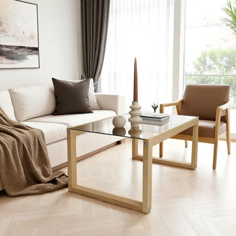 Table basse verre fumé et bois clair - forme rectangle LHASA