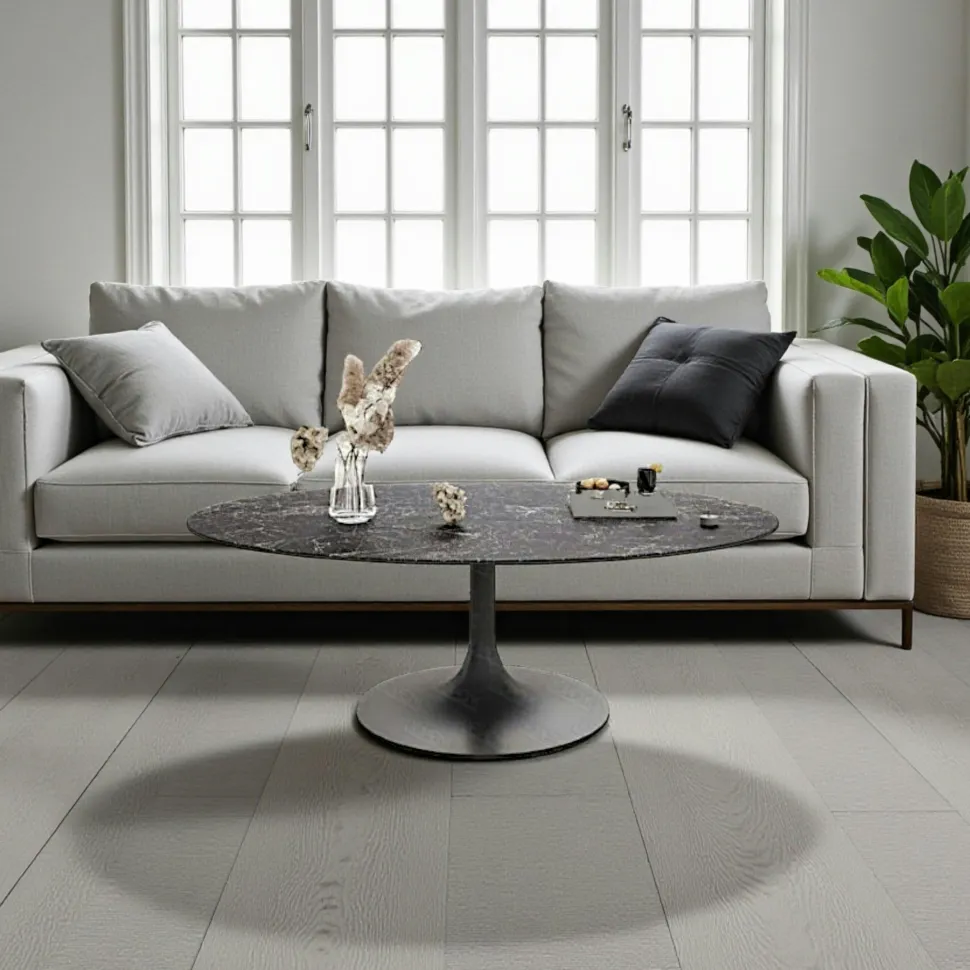 Table basse verre ondulé noir ovale, pied tulipe LIGURIE
