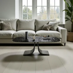 Table basse verre ondulé noir, pied ouvert LIGURIE