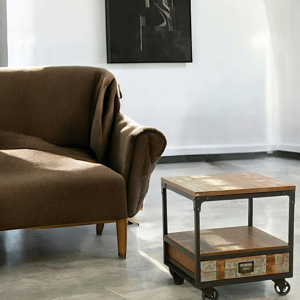 Table de Chevet / Bout de Canapé 1 tiroir, 1 plateau bas en Hévéa recyclé coloré et métal 35x35x55cm LOFT COLORS