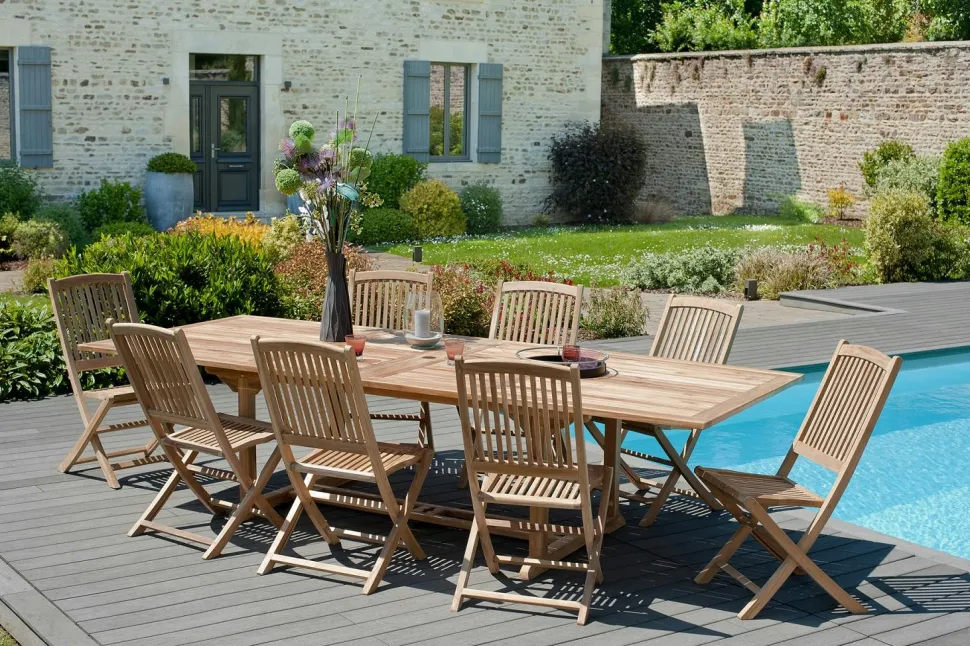 Table de jardin en teck brut rectangle extensible 200/300x120x76cm SUMMER