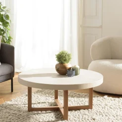 Table de repas béton beige pieds bois design DIKA