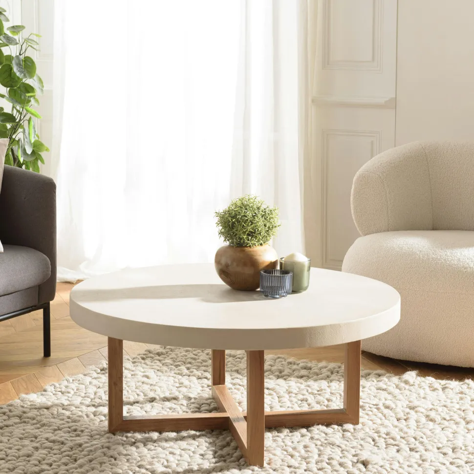 Table de repas béton beige pieds bois design DIKA