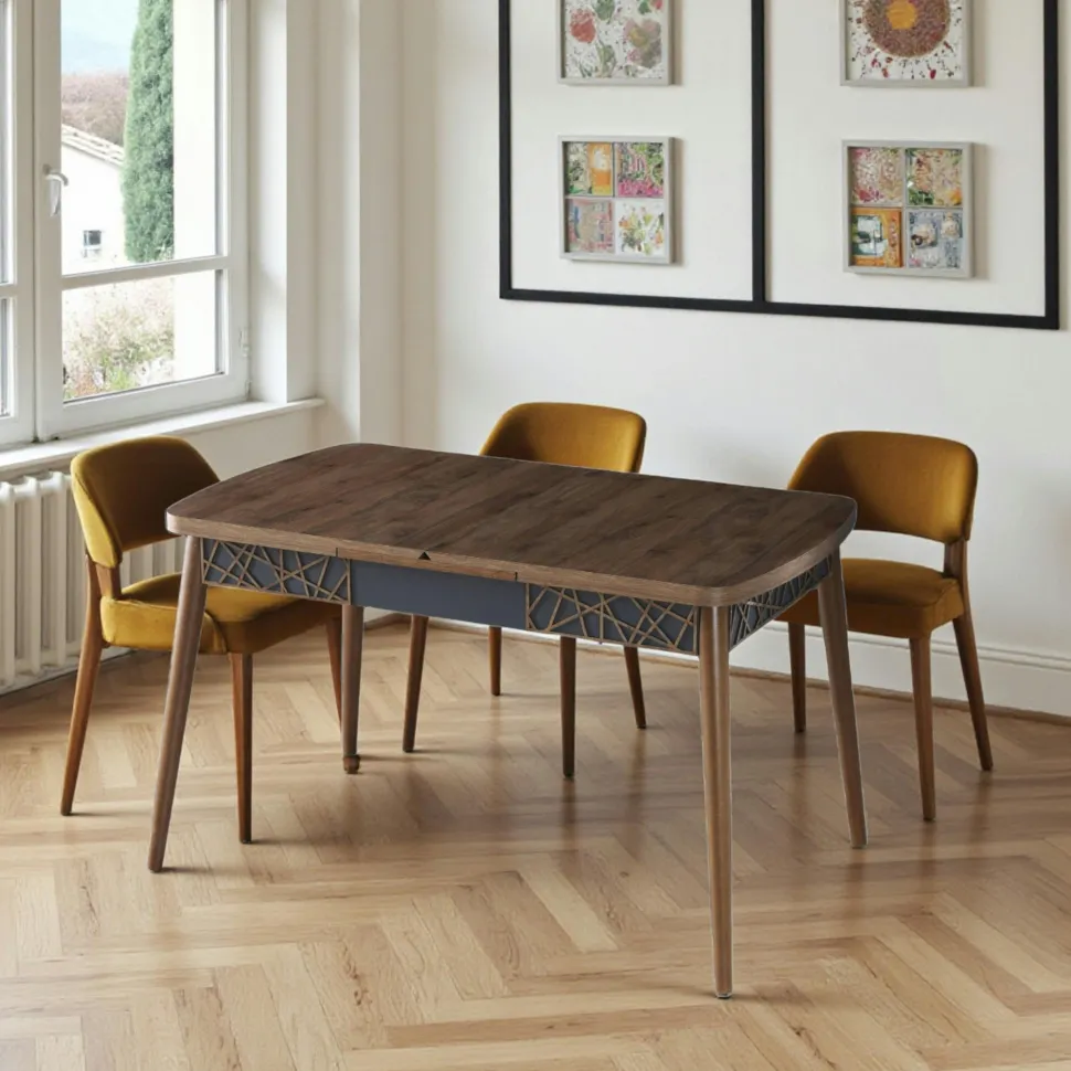 Table extensible effet noyer, pieds noirs 132-170 cm LUNOR