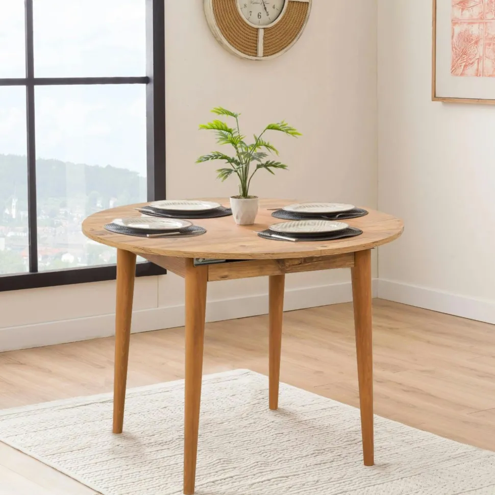 Table extensible effet pin, rangement intégré 130-165 cm ORINA