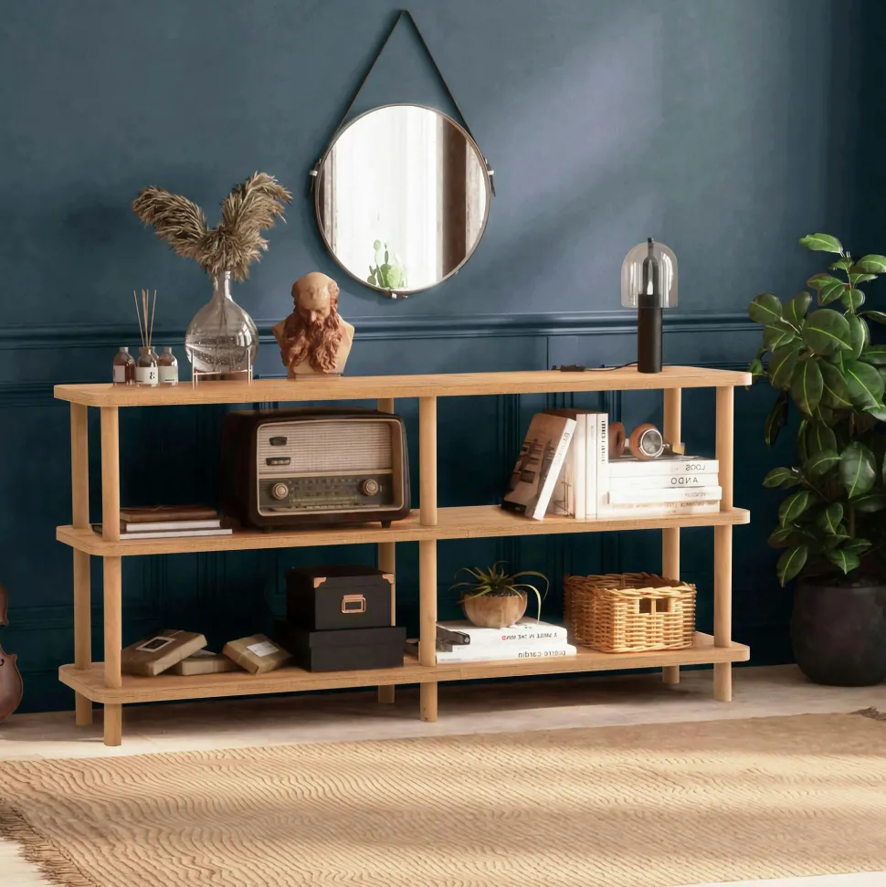 Table extensible effet pin, rangement intégré 130-165 cm ORINA