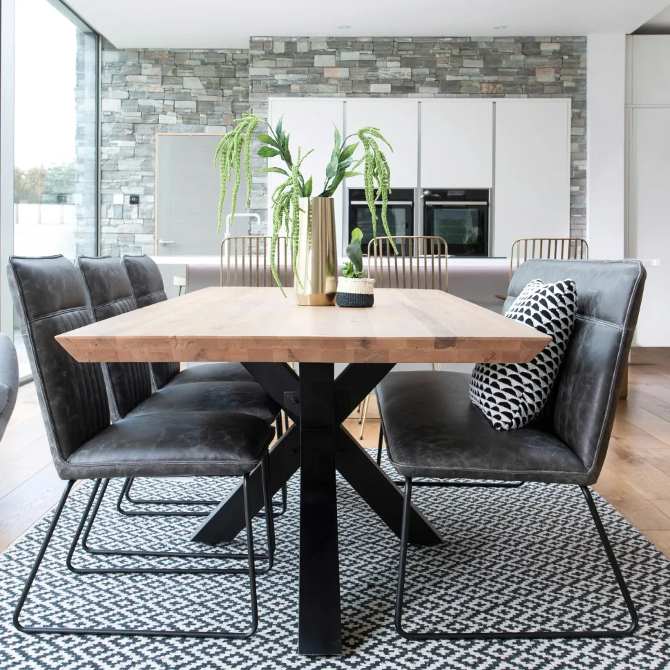 Table haute blanche cuisine avec plateau effet bois MARFA