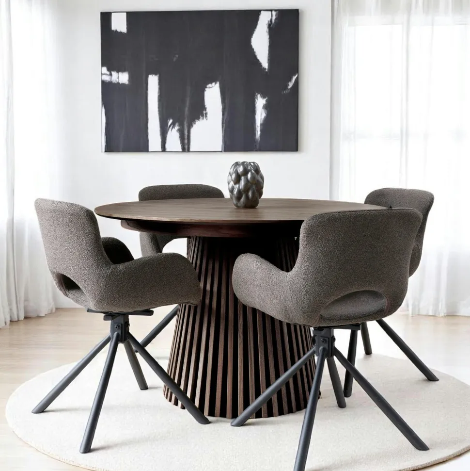 Table ronde extensible en chêne brun avec piètement baguette (2 rallonges incluses) ø120 cm / 160 cm / 200 cm AMSTERDAM