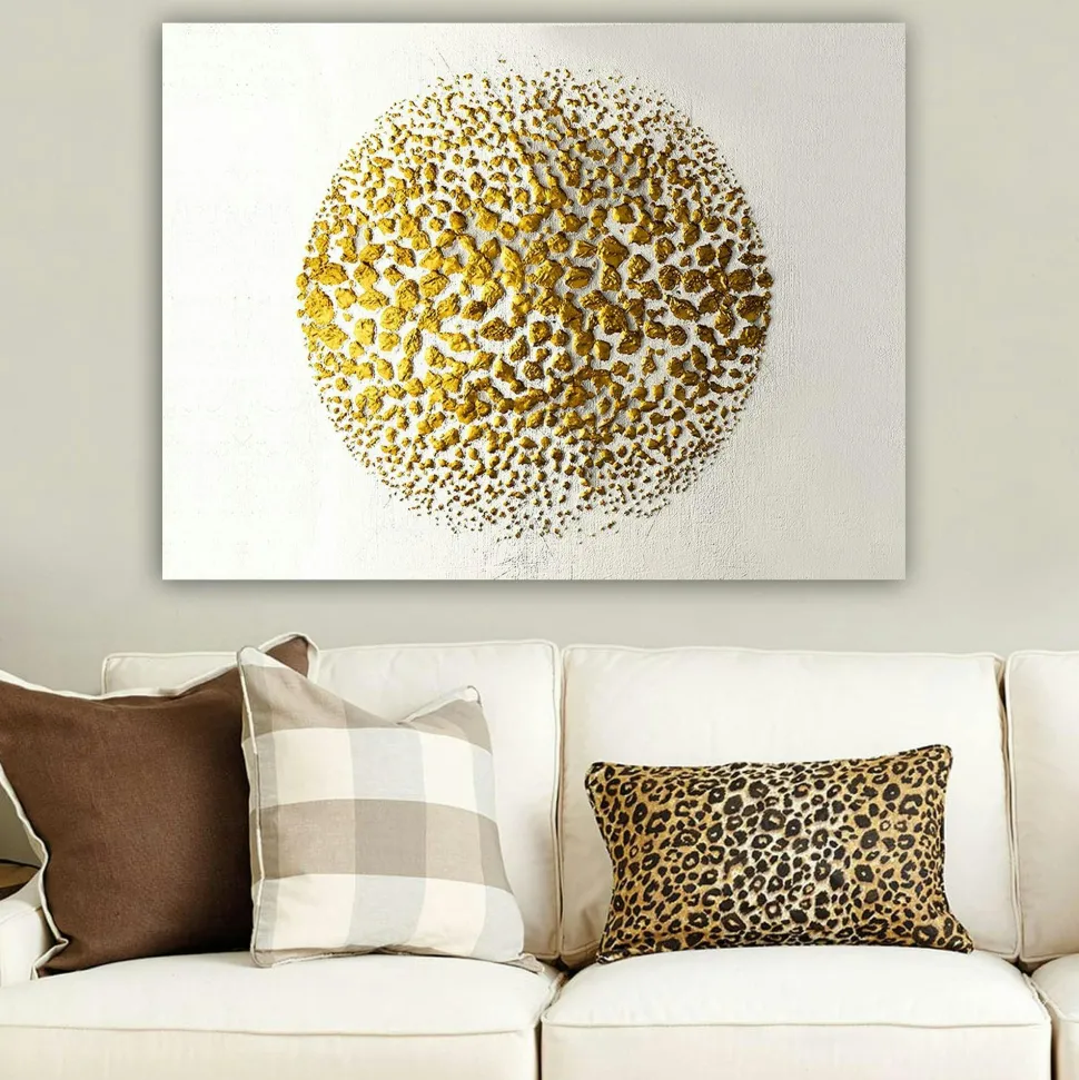 Tableau abstrait blanc et or – sphère texturée