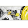Tableau abstrait jaune et gris formes métalliques cadre argent