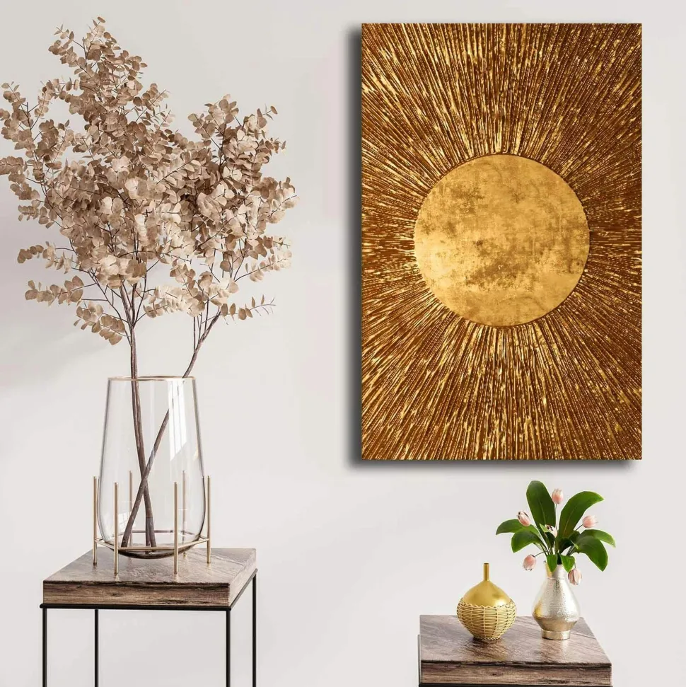 Tableau abstrait soleil or – fond noir et argent (set de 2)