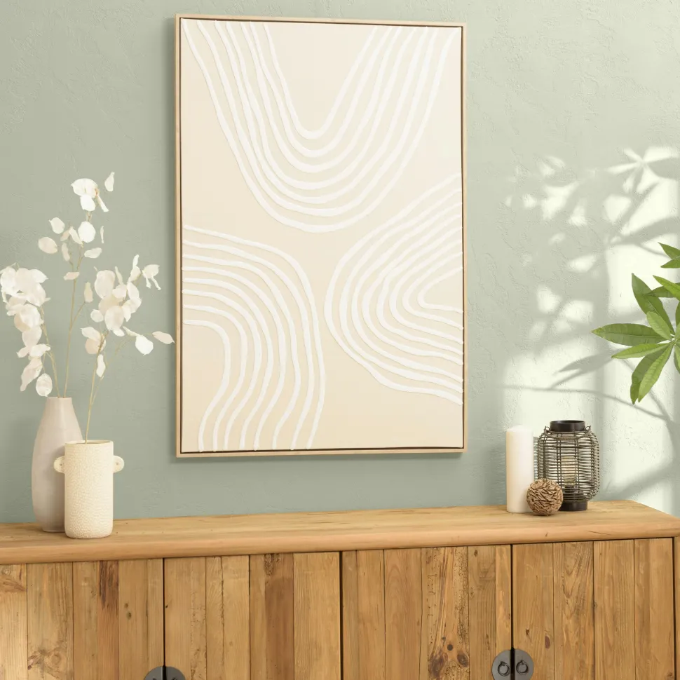 Tableau blanc lignes abstraites peinture au sable 83 x 123 cm